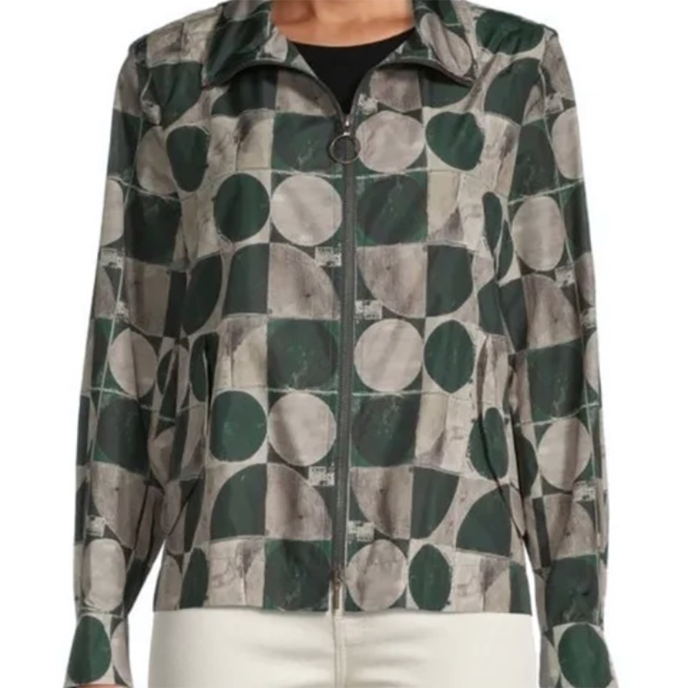 Akris Punto Circlefield Print Jacket Vest Green Tan Field Dots Circles 4